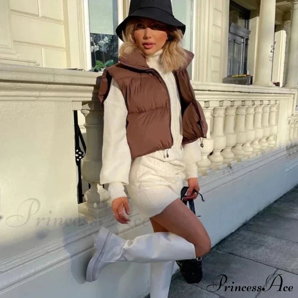 Autumn Winter Short Cotton Down Vest Stand-Up Collar Warm Quilted Outdoor Travel Jacket Coat Coats-L