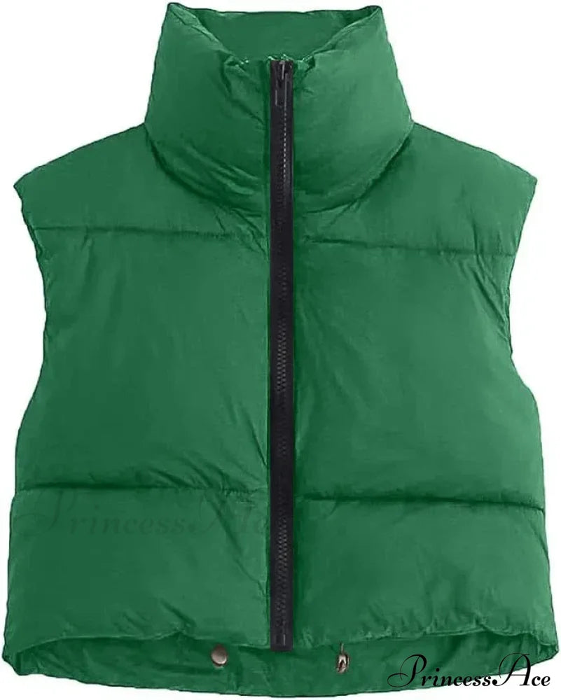 Autumn Winter Short Cotton Down Vest Stand-Up Collar Warm Quilted Outdoor Travel Jacket Coat Green