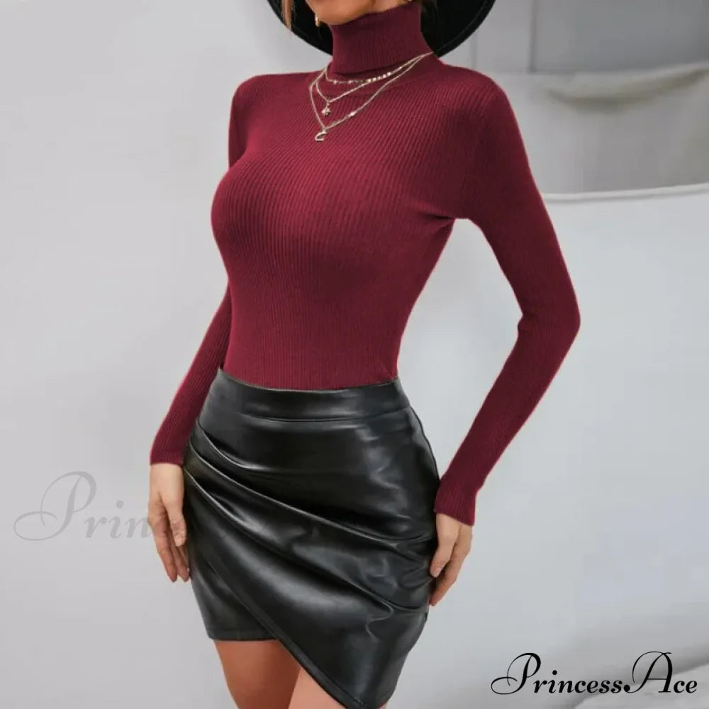 Autumn Winter Slim Fit Turtleneck Pullover Jumper Knitted Christmas Sweater Wine Red / S Sweaters-L