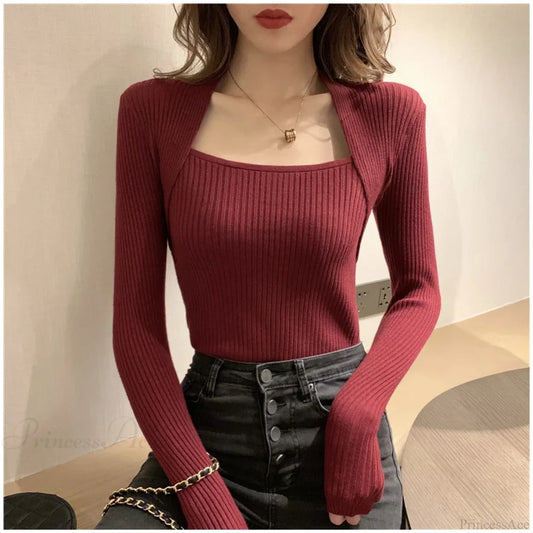 Autumn Winter Square Shawl Neckline Pullover Sexy Knit Top knittop-250126