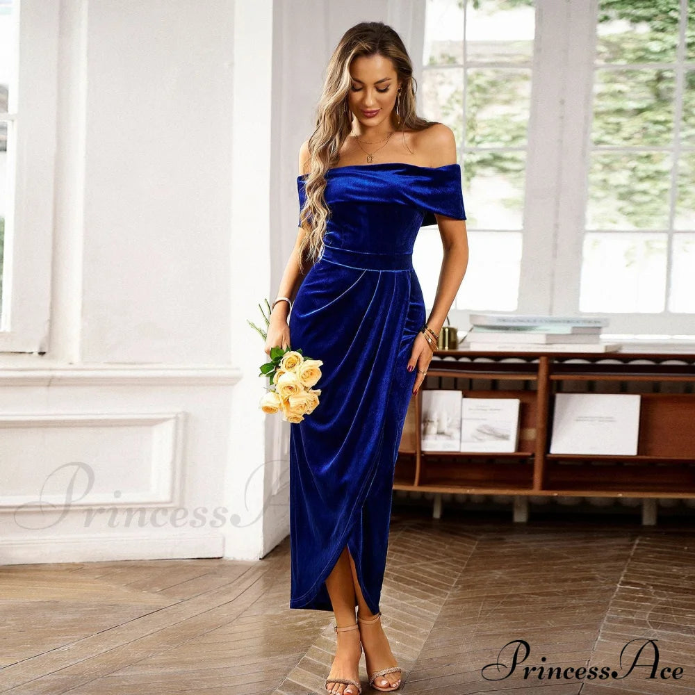 Autumn Winter Temperament Elegant Velvet One-Shoulder Dress Blue / S Party Dresses-L