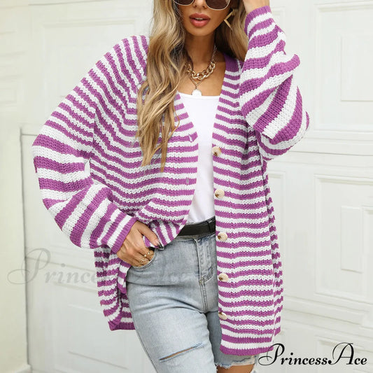 Autumn Winter Warm Casual Knitted Long Sleeve Cardigan Christmas Sweater Purple / S Sweaters-L