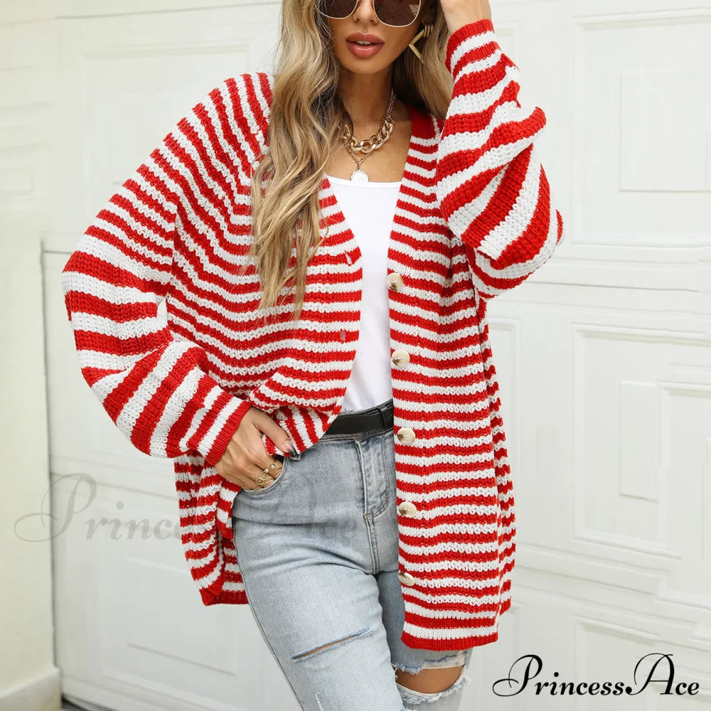 Autumn Winter Warm Casual Knitted Long Sleeve Cardigan Christmas Sweater Red / S Sweaters-L