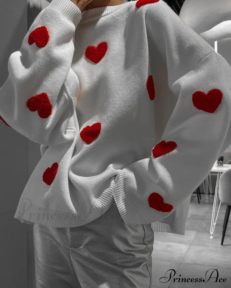 Autumnal Oversized Cozy Heart-Printed Casual Comfortable Thickened Long Sleeve Warm Sweater Beige /