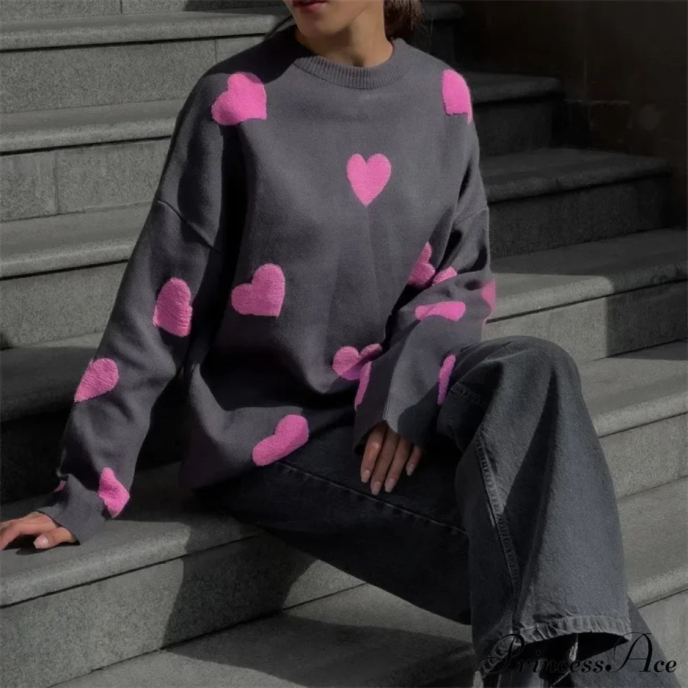 Autumnal Oversized Cozy Heart-Printed Casual Comfortable Thickened Long Sleeve Warm Sweater Black /