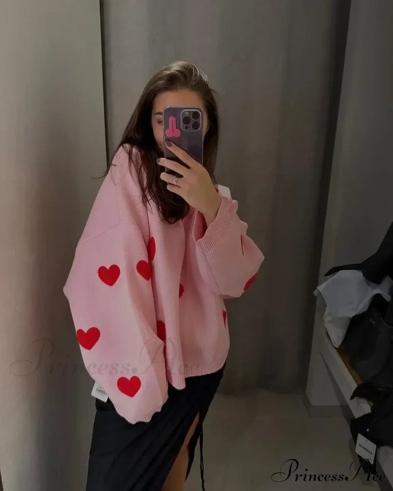 Autumnal Oversized Cozy Heart-Printed Casual Comfortable Thickened Long Sleeve Warm Sweater Pink /