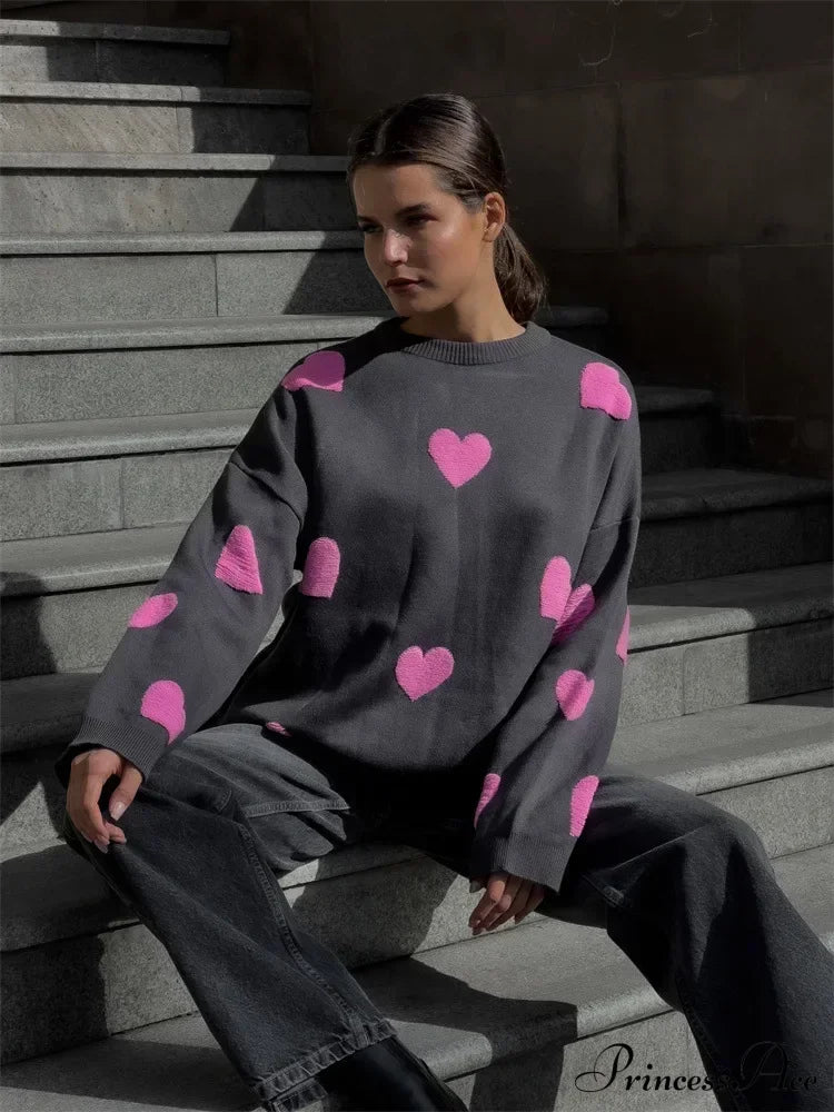 Autumnal Oversized Cozy Heart-Printed Casual Comfortable Thickened Long Sleeve Warm Sweater