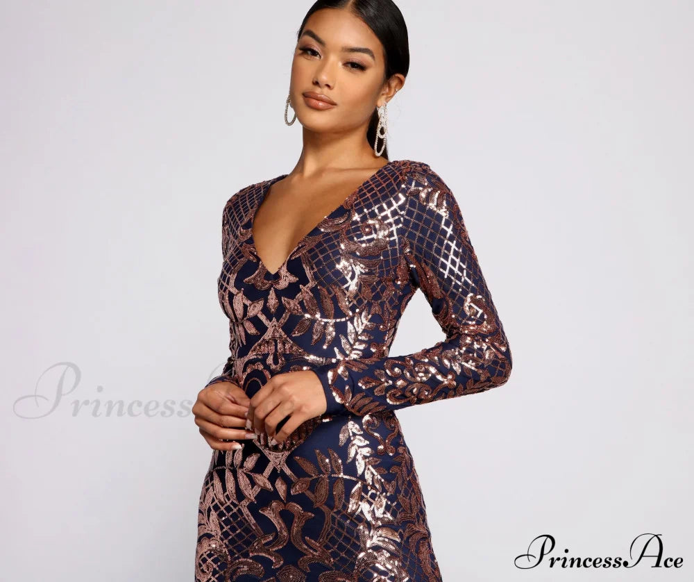 Ayla Formal Long Charming Sleeve Sequin Scroll Dress S.o. Long Dresses