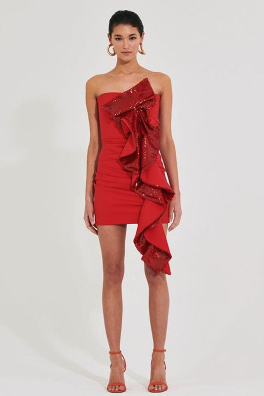 Glam Strapless Sash Off Shoulder Sequin Dress