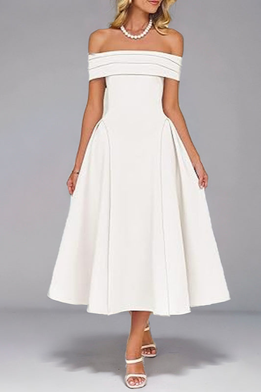 Off-Shoulder Waist-Cinched Solid Party Dress