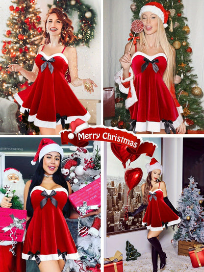 V Neck Sexy Christmas Dress with Velvet and Bow for Women Christmas Costume