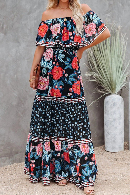 Elegant Tube Top Trendy Three-color Printed Maxi Dress