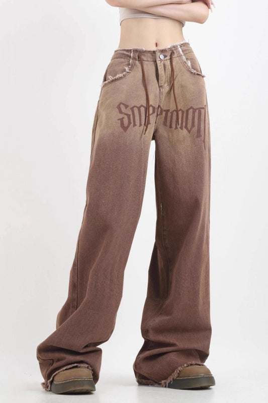 Gradient High Waist Vintage Wide Leg Frayed Jeans