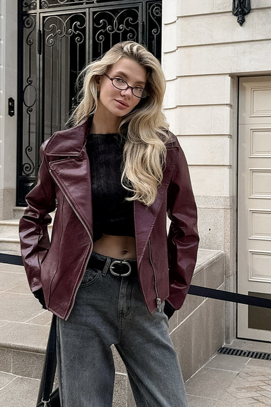 Angora Red PU Leather Blazer Coat