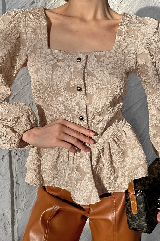 Square Neck Jacquard Peplum Blouse