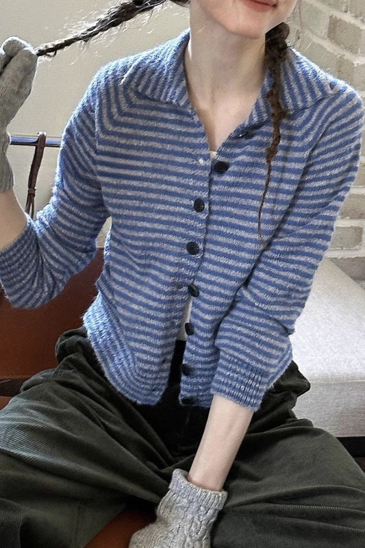 Color Block Striped Fitted Wool Knit Cardigan