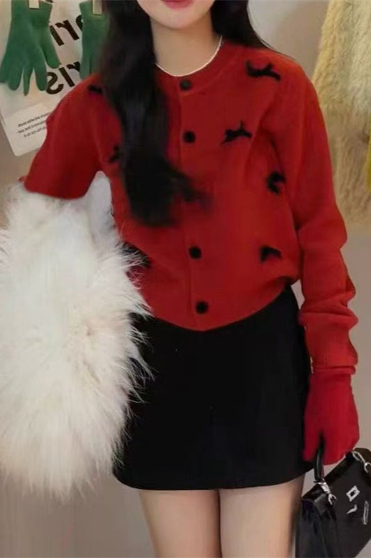 Bow Detail Round Neck Knit Cardigan