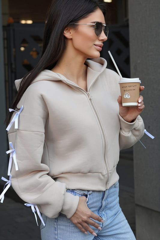 Bow Lace Up Sleeve Pullover Hoodie