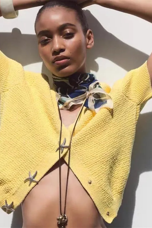 Short Sleeve Starfish Button Knit Cardigan