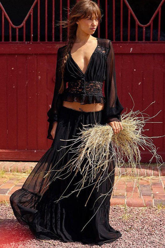 Sexy Lace Chiffon Sheer Tie Skirt Set