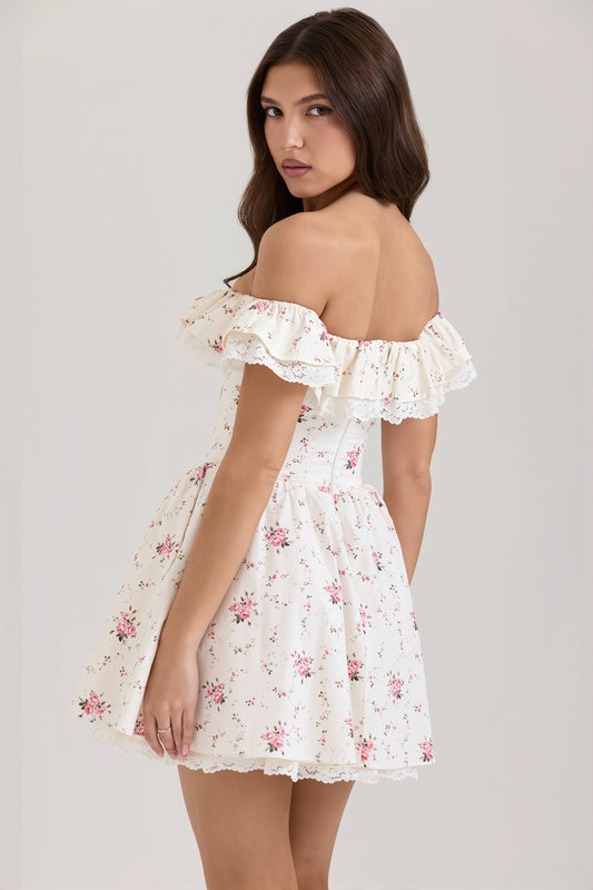 Floral Off Shoulder Bow Flare Mini Dress