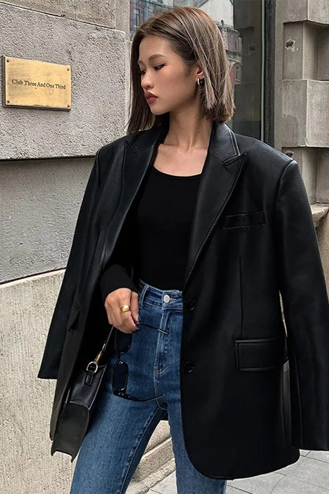 Black PU Leather Blazer Jacket coats
