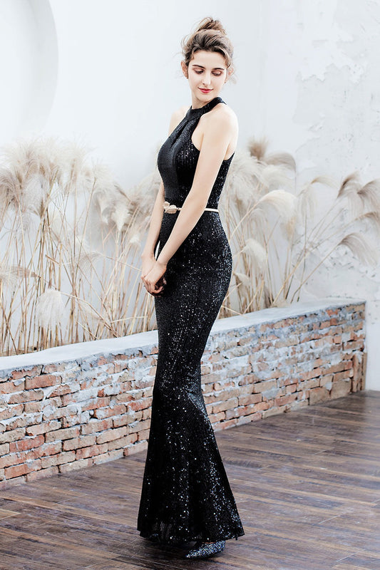 Plunging Neck Mermaid Formal Dress S / Black