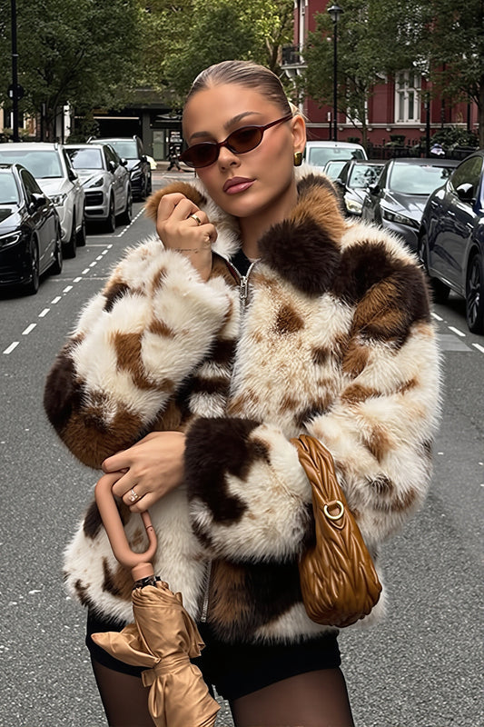 Patchwork Spot Zip Faux Fur Coat