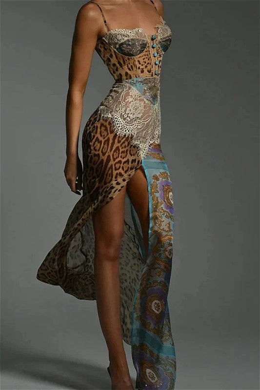 Patchwork-Spitzenkleid mit Leopardenmuster und Blumenmuster