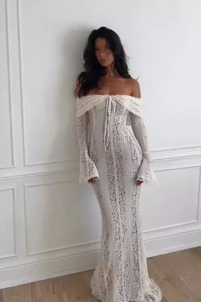 Lace Off Shoulder Maxi Boho Dress White / S