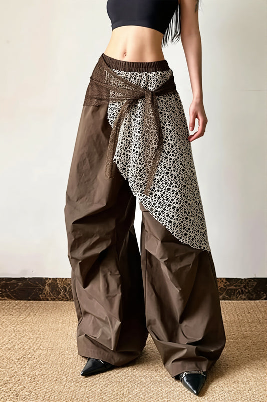 Lace Drape Overlay Wide Leg Pants