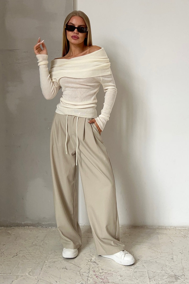 Sheer Off-Shoulder Fitted Solid Pullover Knit Top
