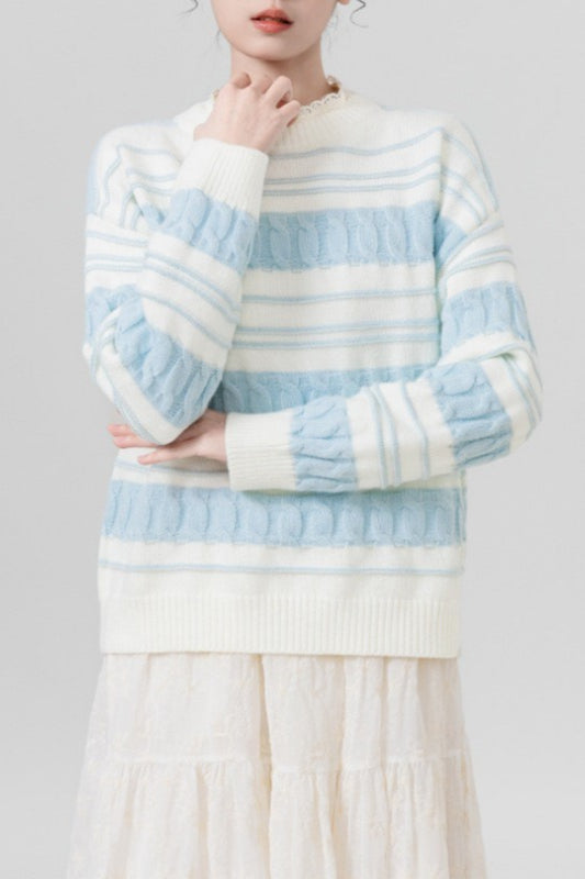 Creamy Stripe Cable-Knit Loose Sweater Blue / One Size