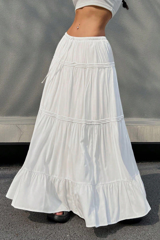 White Casual Tiered Midi Skirt