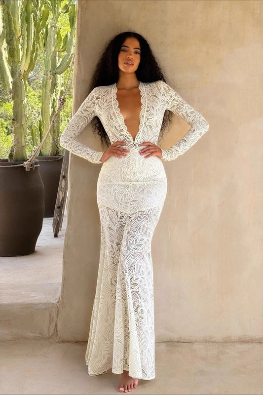 Robe longue moulante sexy en dentelle découpée 