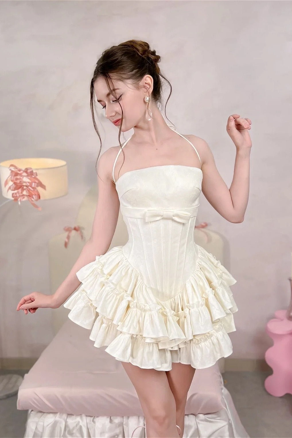 Boned Bow Lace-Up Mini Tulle Party Dress