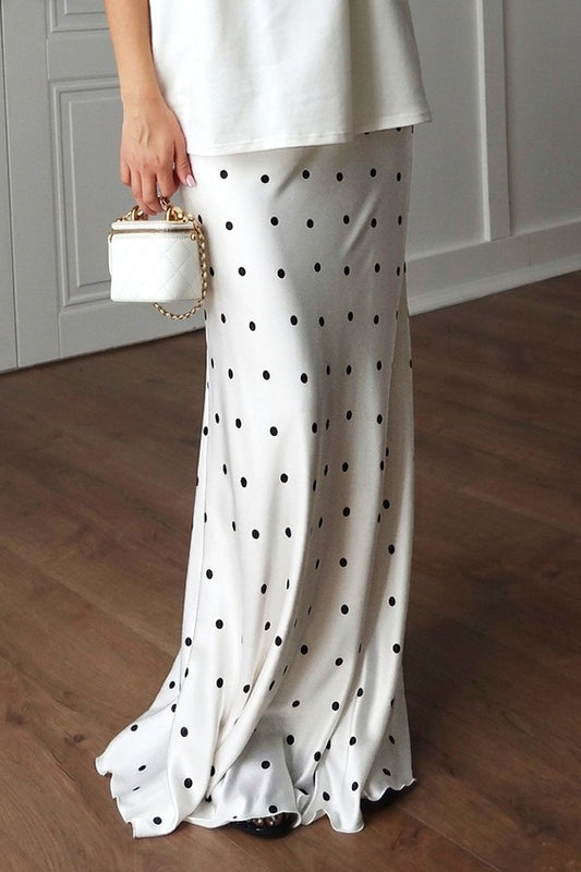 Polka Dots Satin Fishtail Maxi Skirt