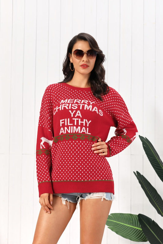 Deer Letter Xmas Dots Loose Sweater
