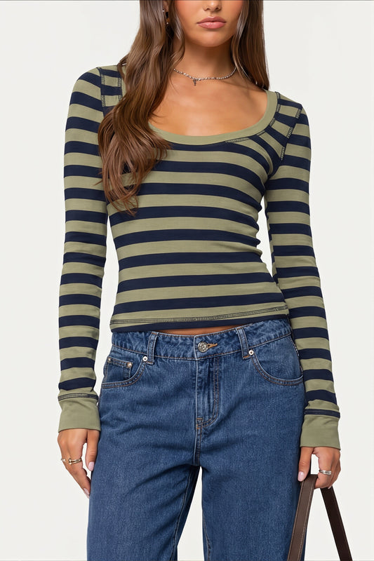 Stripe Scoop Neck Long Sleeve Tee