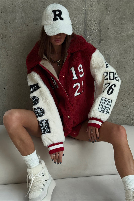 Chic Color Block Sherpa Letter Lapel Coat