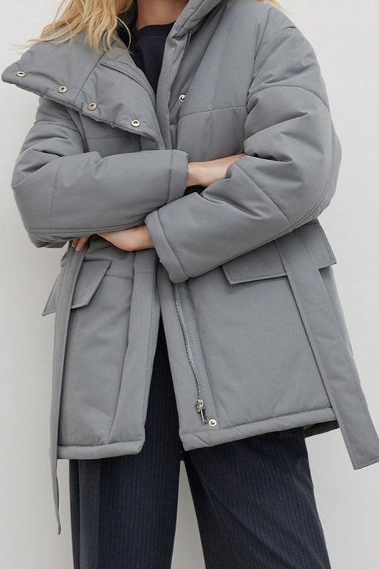Longline Cotton Tie Waist Puffer Jacket S / Grey
