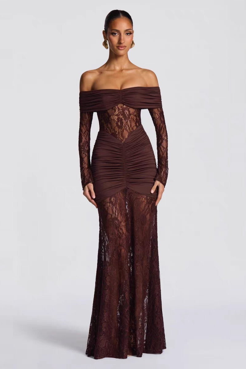 Elegant Lace Off Shoulder Long Sleeve Formal Dress Brown / S