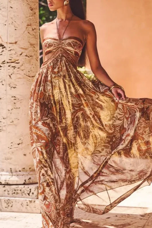 Strapless Lace Up Pleated Boho Dress