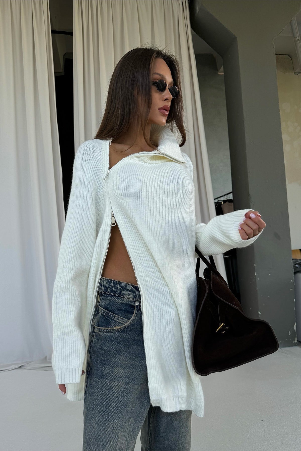 Irregular Zip High Neck Mid-Length Loose Sweater