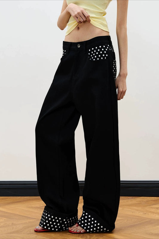 Studded Cuff Black Wide Leg Jeans