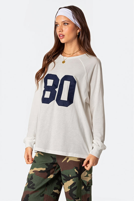 Number Print Long Sleeve Loose T-Shirt