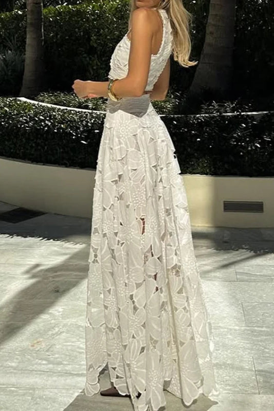 Lace Hollow Out Loose Beach Two Piece Boho Dress White / S