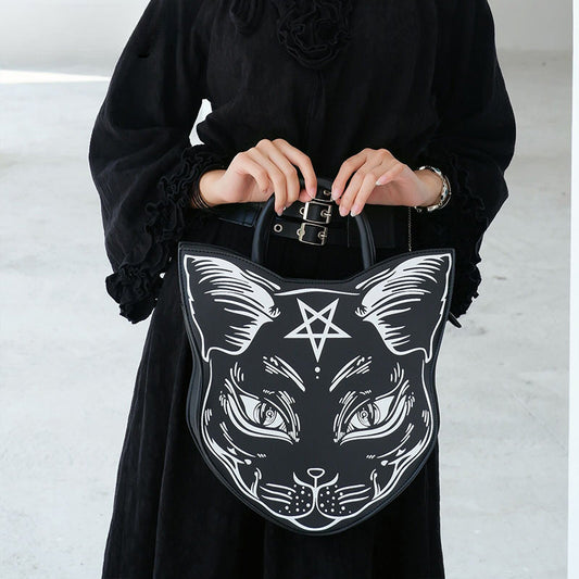 Gothic Punk Style Pentacle Cat Top Handle Fashion Bag