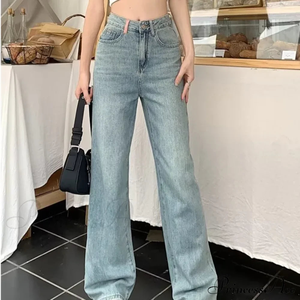 Baby Blue Loose Straight Thin Summer Tassel Versatile Trend Women’s Jean