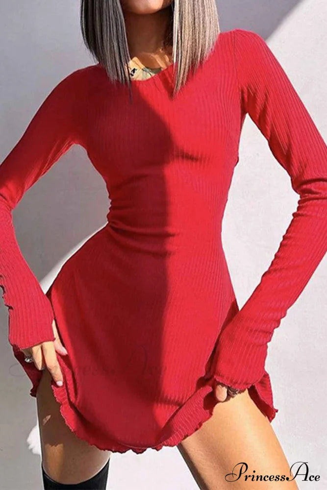 Back Strap Long Sleeve Mini Dress Red / S Dresses